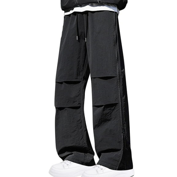 CHEEREAM Baggy Cargo Pants Men Wide Leg Casual Parachute Pants Jogger Drawstring Hiking Hip Hop Pants with Pocket Black 2XL