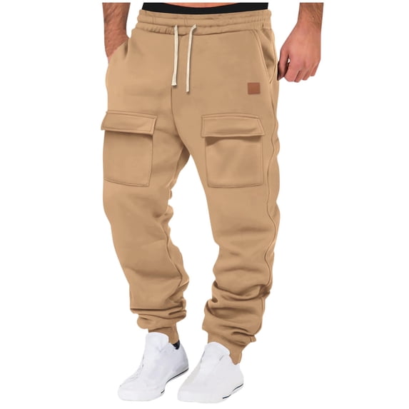 CHEEREAM Baggy Cargo Sweatpants for Men Drawstring Waist Joggers with Pockets Soft Athletic Workout Track Pants Khaki S