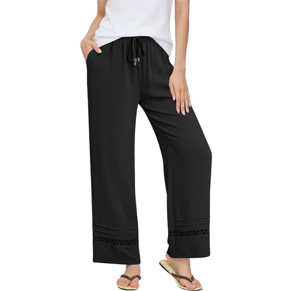 CHEEREAM Baggy Pants For Womens Straight Wide Leg High Waisted Pull On Active Sweat Trousers With Pockets And Drawstring Summer Sport Bottom Athletic Lace Hem