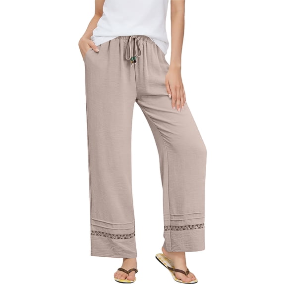 CHEEREAM Baggy Pants For Womens Straight Wide Leg High Waisted Pull On Active Sweat Trousers With Pockets And Drawstring Summer Sport Bottom Athletic Lace Hem