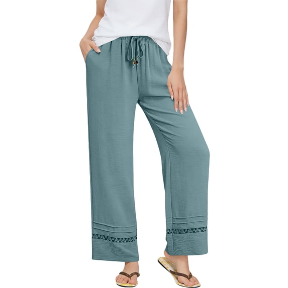 CHEEREAM Baggy Pants For Womens Straight Wide Leg High Waisted Pull On Active Sweat Trousers With Pockets And Drawstring Summer Sport Bottom Athletic Lace Hem