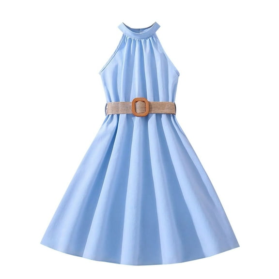 CHEEREAM Big Girl Sleeveless Dress Kids Halter Pleated Chiffon Flower Wedding Bridesmaid Formal Party Dresses for 6-13 Years Light Blue 8Y