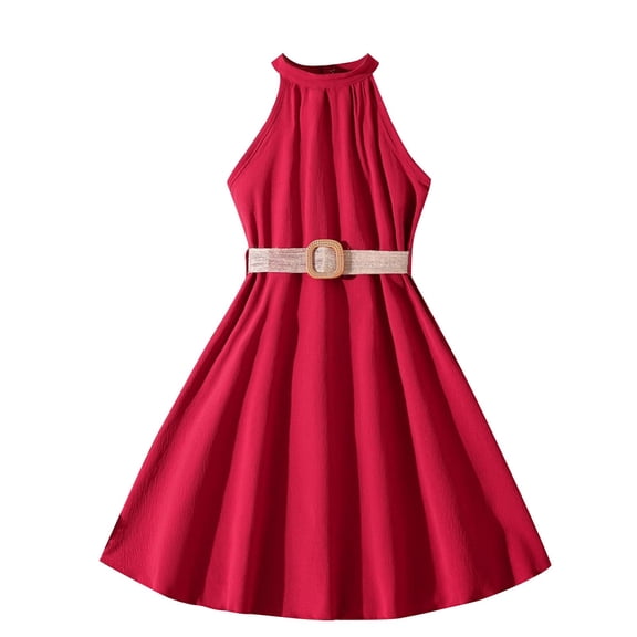 CHEEREAM Big Girl Sleeveless Dress Kids Halter Pleated Chiffon Flower Wedding Bridesmaid Formal Party Dresses for 6-13 Years Red 10Y