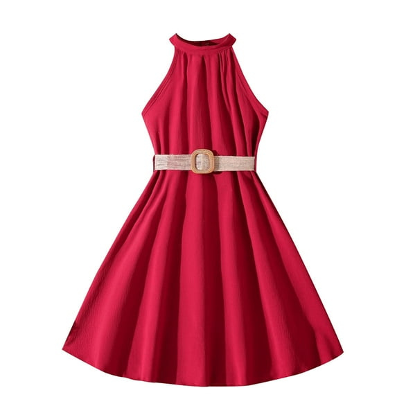 CHEEREAM Big Girl Sleeveless Dress Kids Halter Pleated Chiffon Flower Wedding Bridesmaid Formal Party Dresses for 6-13 Years Red 11Y