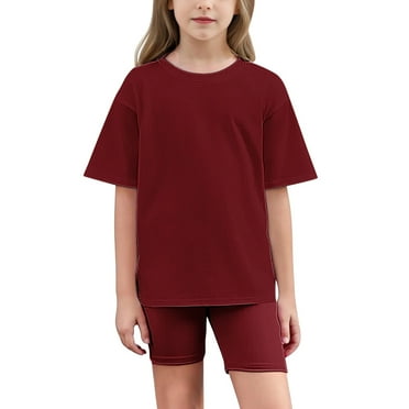 CHEEREAM Big Girls Clothes Summer Outfits Solid Color Tee Shirt + Biker Shorts 2Pcs Clothing Set for 5-15Years