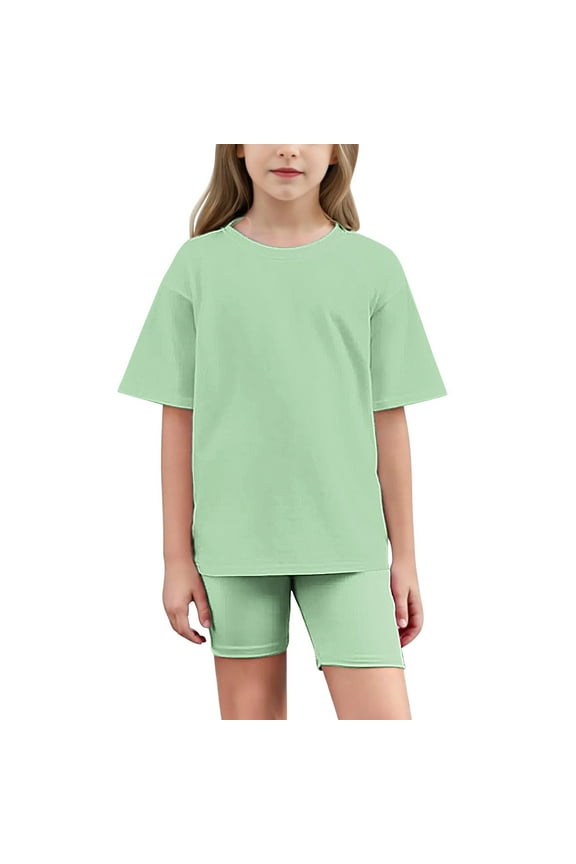 Big Girls Clothes Summer Outfits Solid Color Tee Shirt + Biker Shorts 2Pcs Clothing Set for 5-15Years