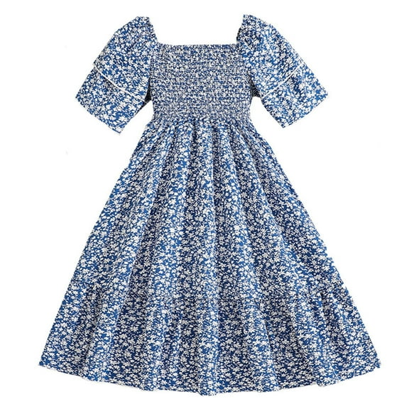 CHEEREAM Big Girls Maxi Dress Long Smocked Dresses Tiered Square Neck Short Sleeve Casual A-line Flowy for 8-13 Years Blue 8 Years