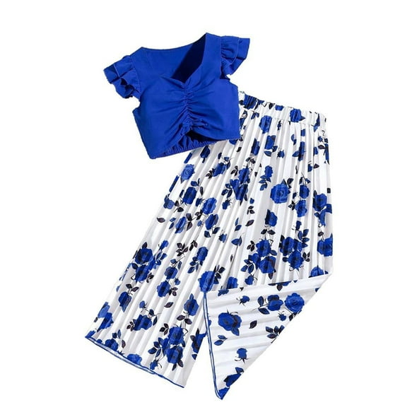 CHEEREAM Big Girls Ruffle Sleeveless Cute V Neck Crop Tops Elastic Wide Leg Casual Floral Print Pants Sets Size 8-12 Years