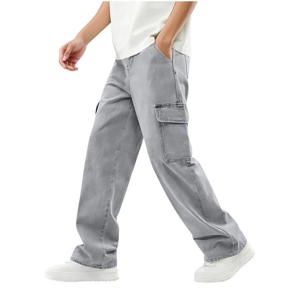 CHEEREAM Boys Baggy Cargo Jeans Teens Straight Wide Leg Denim Pants Kids Elastic Waist Loose Fit Trousers Causal Pockets Bottoms Streetwear