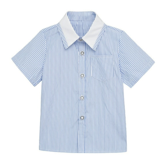 CHEEREAM Boys Button Down Short Sleeve Shirt Collared Round Bottom Back Pleat Dress Shirt Casual Summer Turndown Striped T-Shirt 3-11 Years