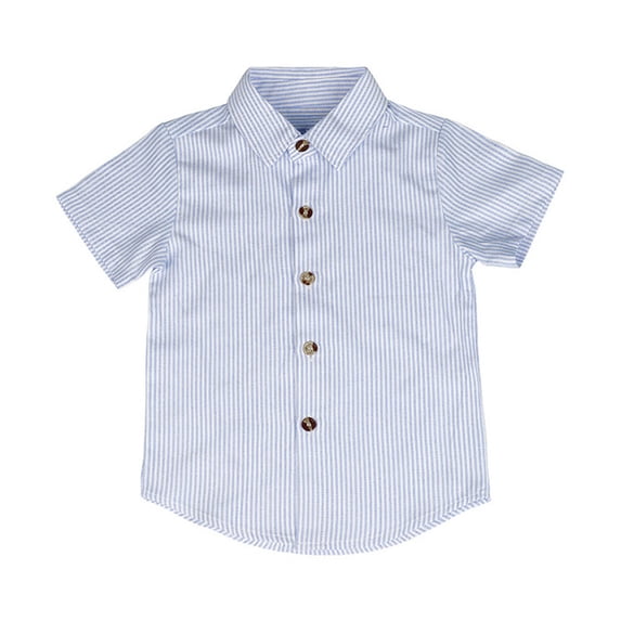 CHEEREAM Boys Button Down Short Sleeve Shirt Collared Round Bottom Back Pleat Dress Shirt Casual Summer Turndown Striped T-Shirt 3-11 Years