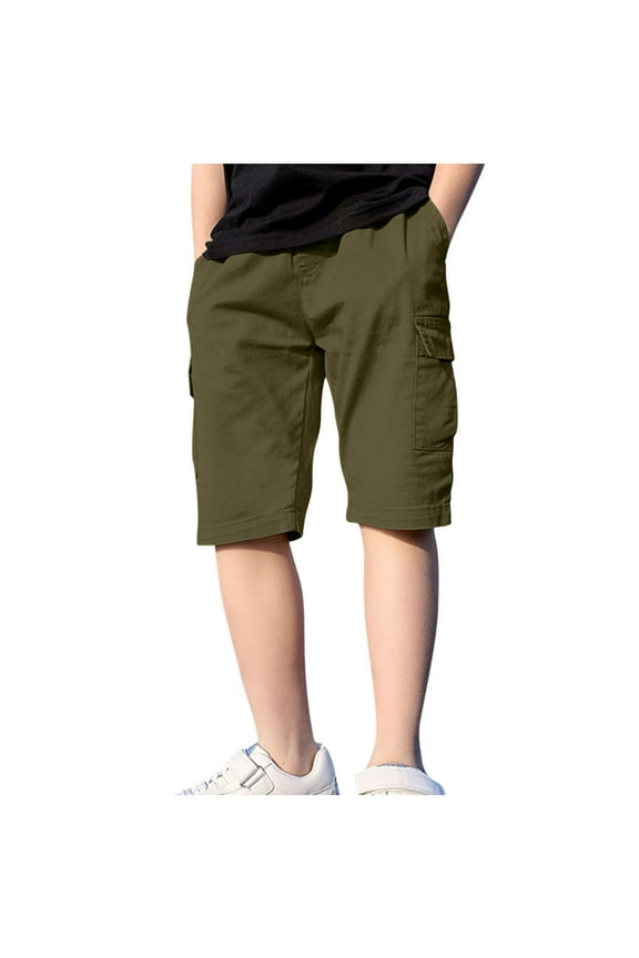 Boys' Pull on Cargo Shorts Full Knee Length Elastic Waist Casual Shorts with Multi Pockets for 4-15 Years