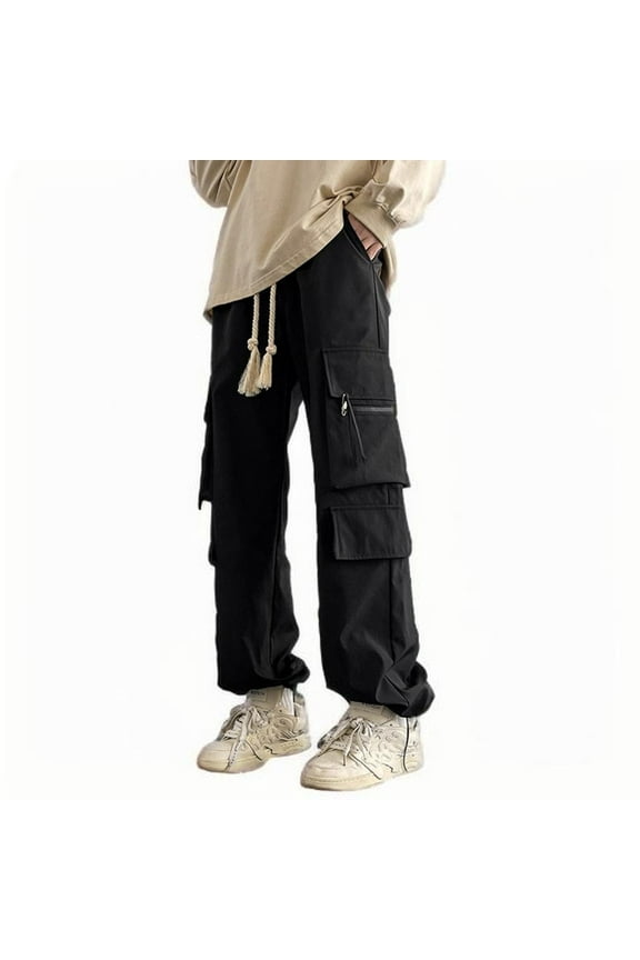 Cargo Pants Men Baggy High Waisted Parachute Pants with Pockets Wide Leg Y2K Casual Pants for Mens Black XL