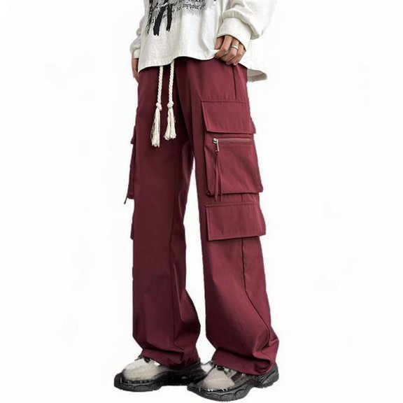 CHEEREAM Cargo Pants Men Baggy High Waisted Parachute Pants with Pockets Wide Leg Y2K Casual Pants for Mens Wine 5XL