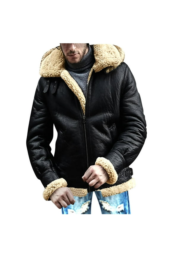 Faux Leather Jacket Men Suede Faux Fur Jacket Outwear Coat with Hooded Winter Casual Sherpa Lined PU Leather Overcoat Black 3XL