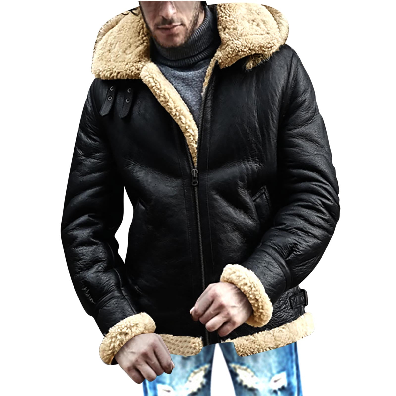 CHEEREAM Faux Leather Jacket Men Suede Faux Fur Jacket Outwear Coat with Hooded Winter Casual Sherpa Lined PU Leather Overcoat Black XXL