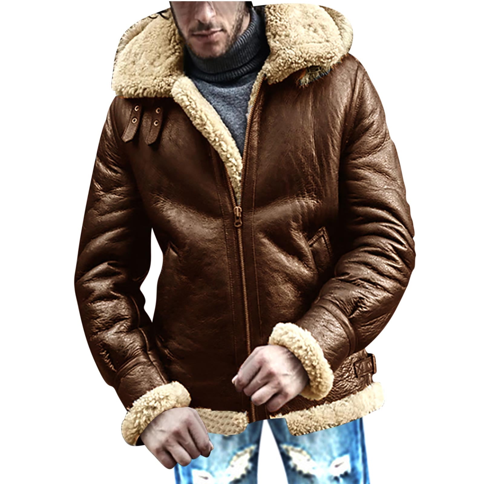 CHEEREAM Faux Leather Jacket Men Suede Faux Fur Jacket Outwear Coat with Hooded Winter Casual Sherpa Lined PU Leather Overcoat Coffee XL
