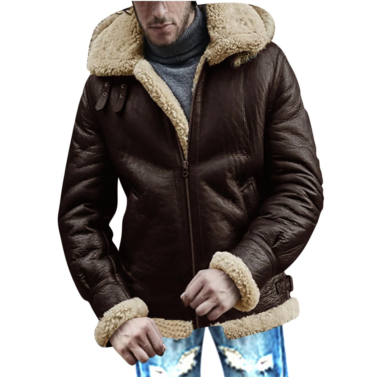 CHEEREAM Faux Leather Jacket Men Suede Faux Fur Jacket Outwear Coat with Hooded Winter Casual Sherpa Lined PU Leather Overcoat Khaki S