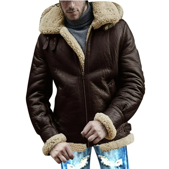 CHEEREAM Faux Leather Jacket Men Suede Faux Fur Jacket Outwear Coat with Hooded Winter Casual Sherpa Lined PU Leather Overcoat Khaki S