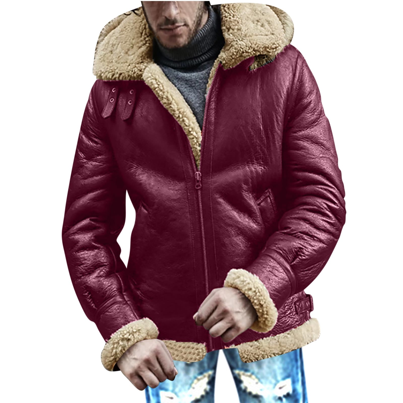 CHEEREAM Faux Leather Jacket Men Suede Faux Fur Jacket Outwear Coat with Hooded Winter Casual Sherpa Lined PU Leather Overcoat Wine L