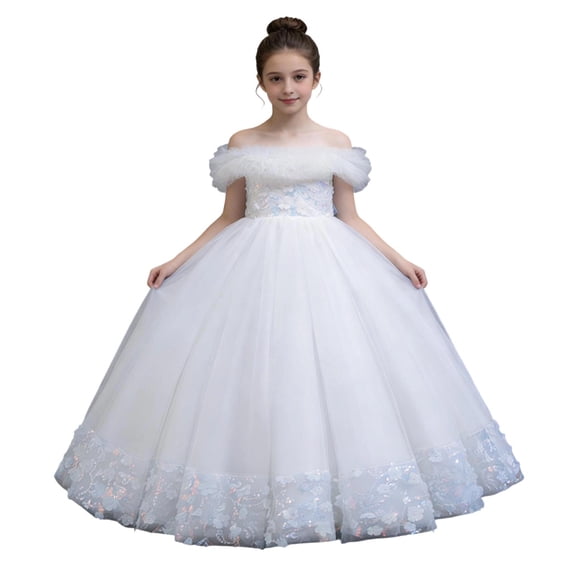 CHEEREAM Flower Girl Dress For Girls Wedding Birthday Pageant Party Gown Off Shoulder Tulle Ball Gown Elegant Formal Dresses For Kids