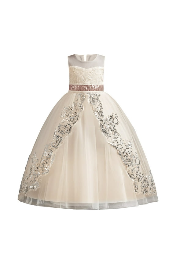 Flower Girl Lace Dress for Kids Wedding Bridesmaid Pageant Party Formal Long Gown Princess Communion Tulle Bow Dresses