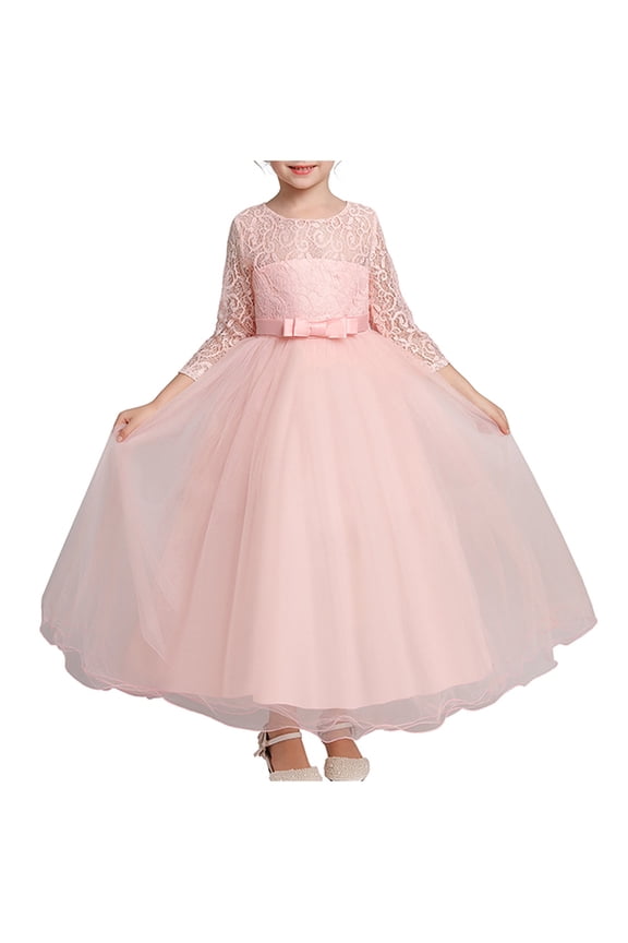 Flower Girls Long Lace Bridesmaid Dress 3/4 Sleeves Ankle Length Wedding Party Evening Formal Pegeant Maxi Tulle Ball Gowns