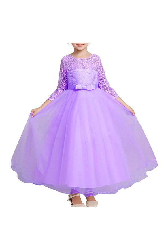 Flower Girls Long Lace Bridesmaid Dress 3/4 Sleeves Ankle Length Wedding Party Evening Formal Pegeant Maxi Tulle Ball Gowns