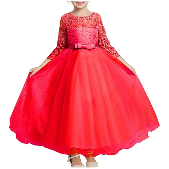 CHEEREAM Flower Girls Long Lace Bridesmaid Dress 3/4 Sleeves Ankle Length Wedding Party Evening Formal Pegeant Maxi Tulle Ball Gowns