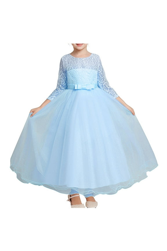 Flower Girls Long Lace Bridesmaid Dress 3/4 Sleeves Ankle Length Wedding Party Evening Formal Pegeant Maxi Tulle Ball Gowns