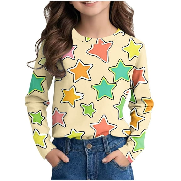 CHEEREAM Funny Star Print Shirts for Girls Spring Loose Fit Preppy Shirts Comfy Lightweight Crewneck Blouses Long Sleeve Tops