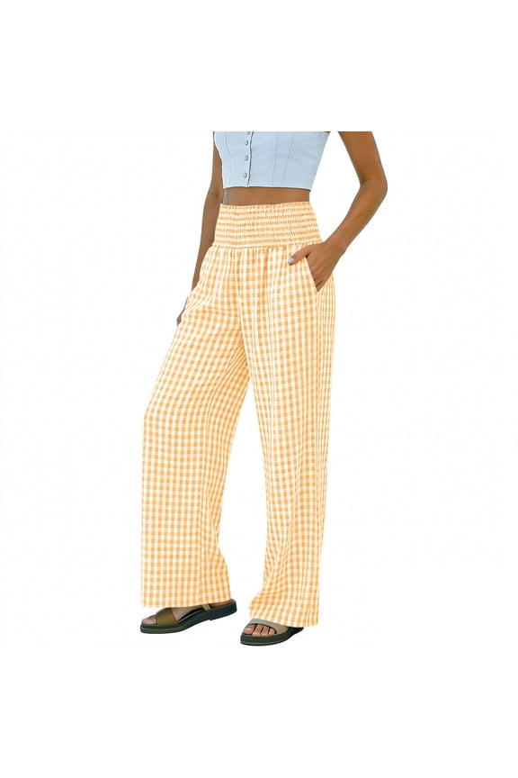 Gingham Pants For Womens Y2K Wide Leg Ruffle Hem Lounge Capri Bottom Plaid Elastic Wasited Pockets Trousers
