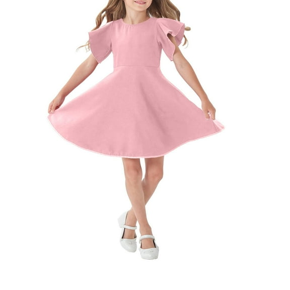 CHEEREAM Girl's Flutter Sleeve Stretchy A-Line Swing Flared Skater Party Dress with Pockets for 2-12 Years Kids Pink 11 Years