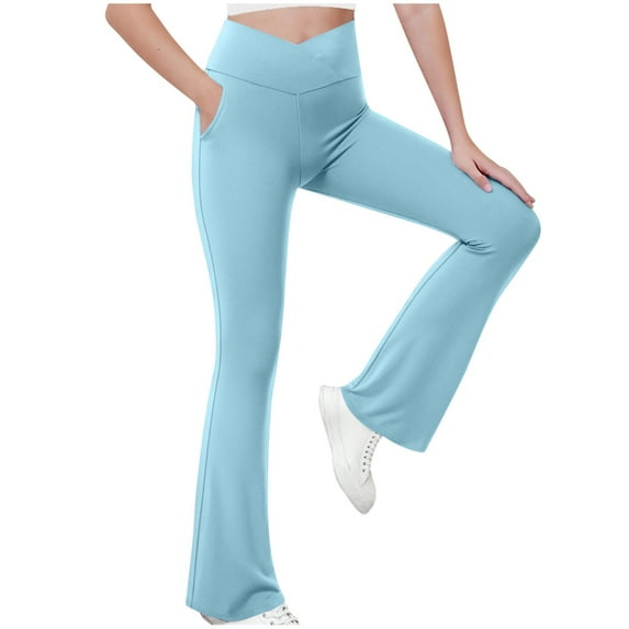 CHEEREAM Girl's Leggings Cross High Waisted Flare Pants Yoga Bootcut Pants Solid Color Full Length Bell Bottoms