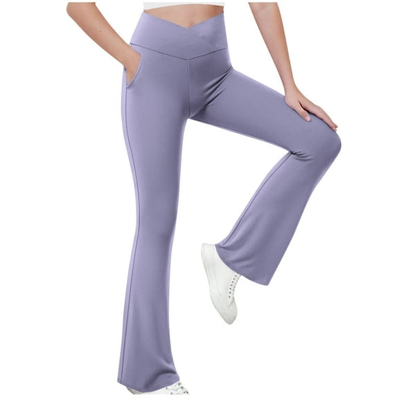 CHEEREAM Girl's Leggings Cross High Waisted Flare Pants Yoga Bootcut Pants Solid Color Full Length Bell Bottoms