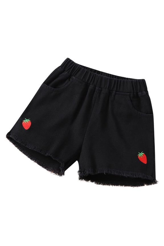 Girl's Raw Hem Denim Shorts Pull On Pockets Jeans Shorts Cherry Embroidery Elastic Waist Denim Shorts