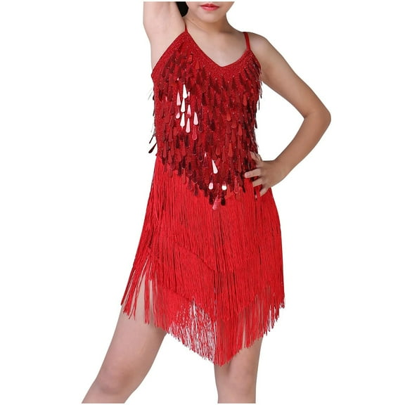CHEEREAM Girl's Sequin Tassel Dress Latin Dance Skirt Sparkling for Kids Ballet Tango Rumba Dancewear 2-7 Years Red 6 Years