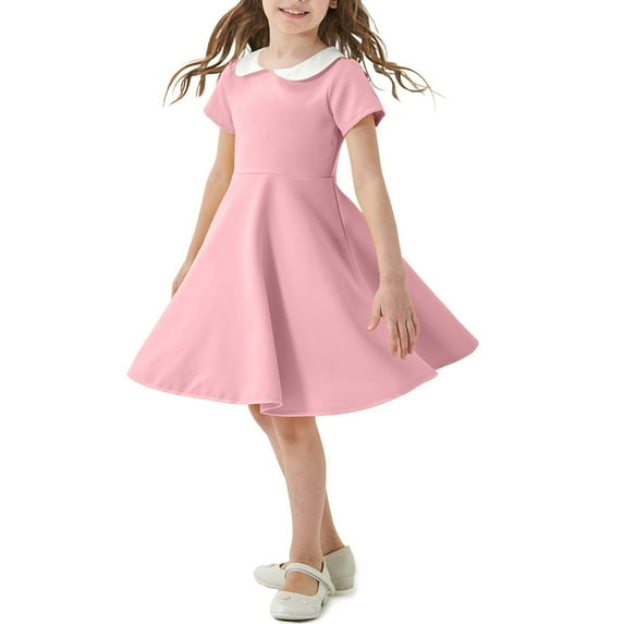 CHEEREAM Girl's Short Sleeve Casual Vintage Peter Pan Collar Fit and Flare Skater Party Dress with Pockets 4-12 Years Pink 9 Years