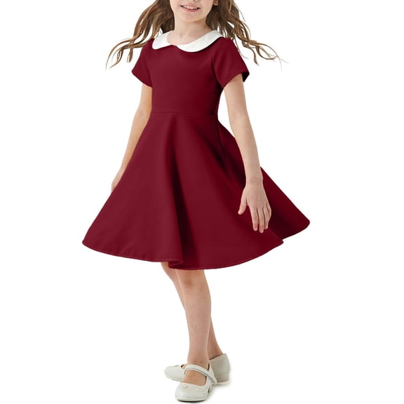 CHEEREAM Girl's Short Sleeve Casual Vintage Peter Pan Collar Fit and Flare Skater Party Dress with Pockets 4-12 Years Red 7 Years