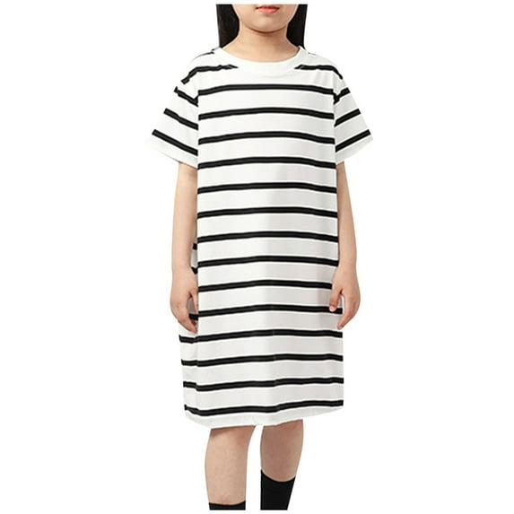 CHEEREAM Girl's Short Sleeve Crew Neck Basic Summer Mini Dresses Striped Casual Straight Hem T Shirt Dress Black 8 Years