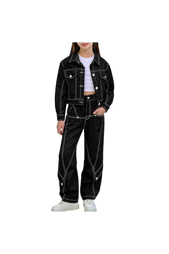 Girls 2 Piece Outfit Set Button Down Denim V Neck Long Sleeve Coat Elastic High Waist Straight Leg Jeans Loose Fit Suit Streeetwear