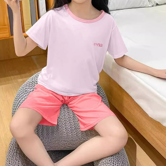 CHEEREAM Girls Boys Short Sleeve Pajamas Summer Sleepwear Set 2Pcs Shirts Top Shorts Casual Soft Comy 𝐏js Homewear for 3-16 Years