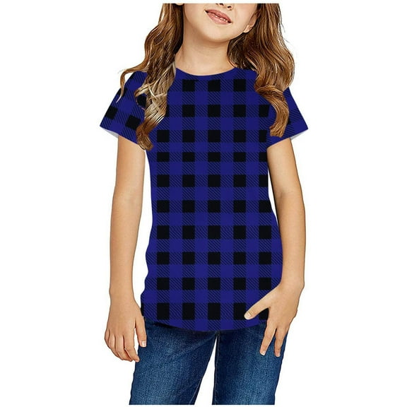 CHEEREAM Girls' Boys' Short Sleeve Shirts Kids Crewneck Plaid T-Shirts Summer Tops Basic Tees 3-14 Years