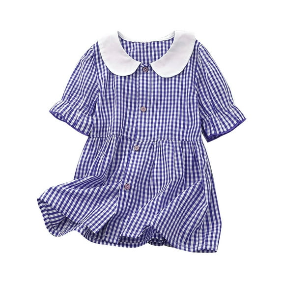 CHEEREAM Girls Button Down Dress Gingham Checks Ruffle Short Sleeve Peter Pan Collar Mini Dresses 3-10 Years Dark Blue 3 Years