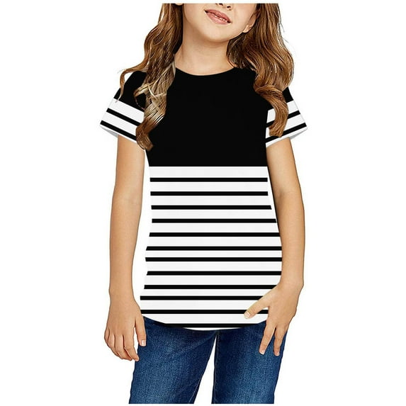 CHEEREAM Girls Casual Short Sleeve T Shirts Kids Loose Soft Striped Color Block Tunic Tops Tees Blouses Size 4-14 Years