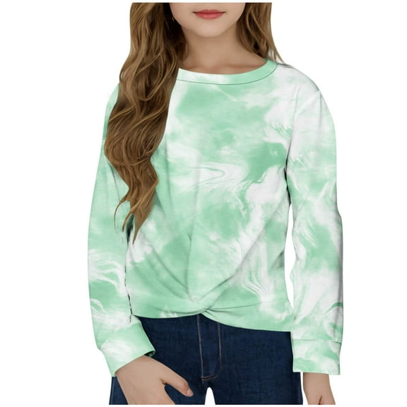 CHEEREAM Girls Casual Tunic Tops Tie Dye Knot Front Long Sleeve Loose Soft Blouse T-Shirt Size 4-12