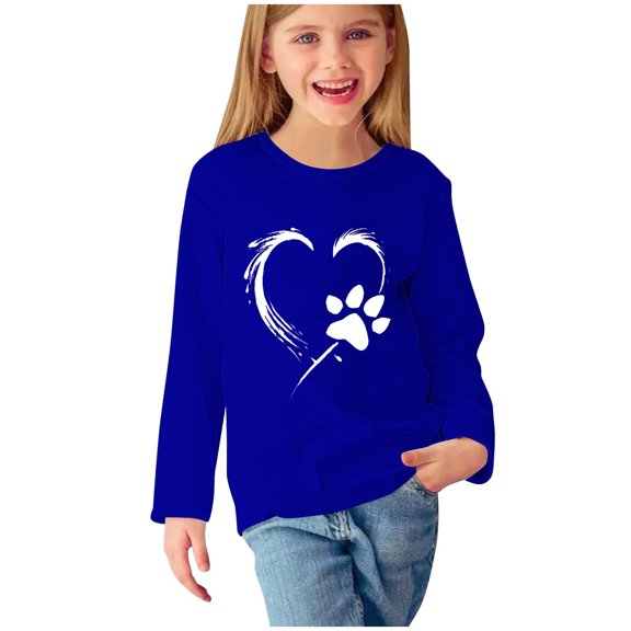 CHEEREAM Girls Dog Paw Print Love Heart Graphics Shirts Long Sleeve Crewneck Pullover Casual T Shirts