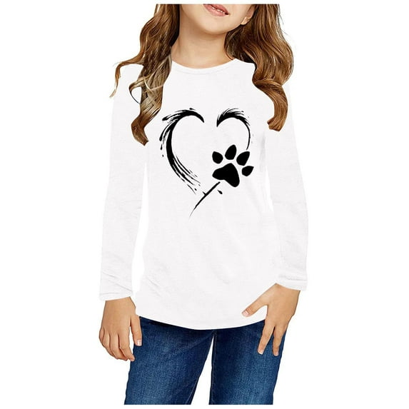 CHEEREAM Girls Dog Paw Print Love Heart Graphics Shirts Long Sleeve Crewneck Pullover Casual T Shirts
