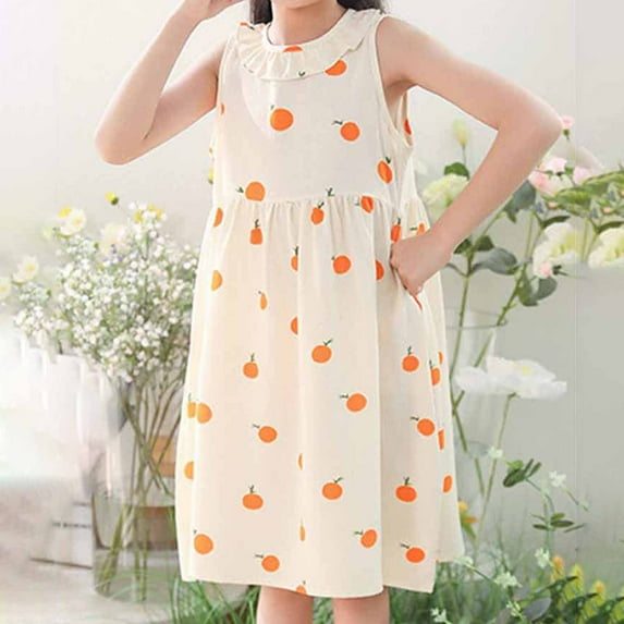 CHEEREAM Girls Dresses Girls Casual Cute Peter Pan Collar Beach Floral Dress Spring Summer Sleeveless Beach Dress Beige 5 Years