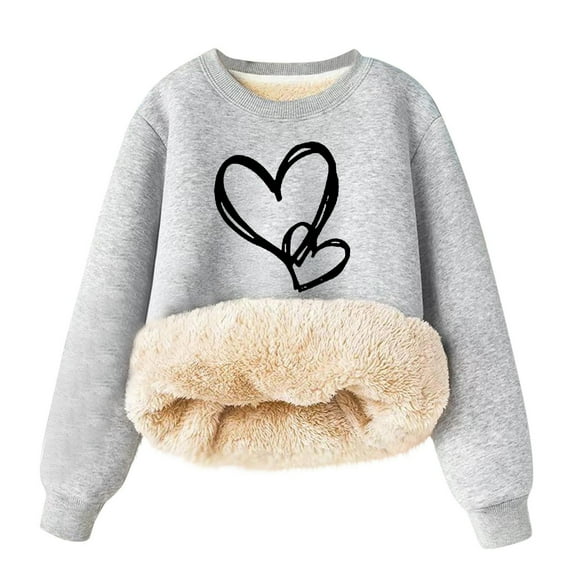 CHEEREAM Girls Fleece Lined Crewneck Sweatshirt Kids Heart Print Warm Pullover Sweater Sherpa Hoodie Fall Winter Clothes 2-12 Years